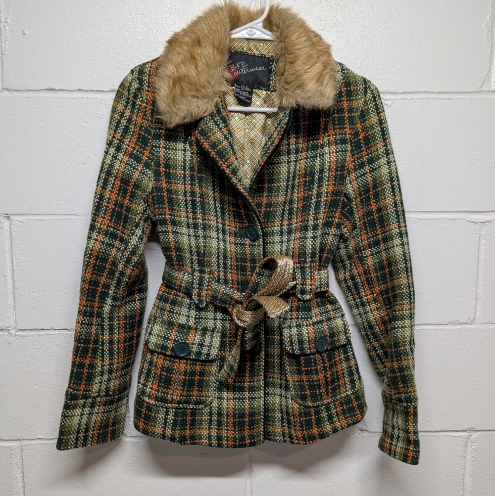 BKE Outerwear Wool Green Orange Plaid Jacket with Faux Fur Collar Women's Small